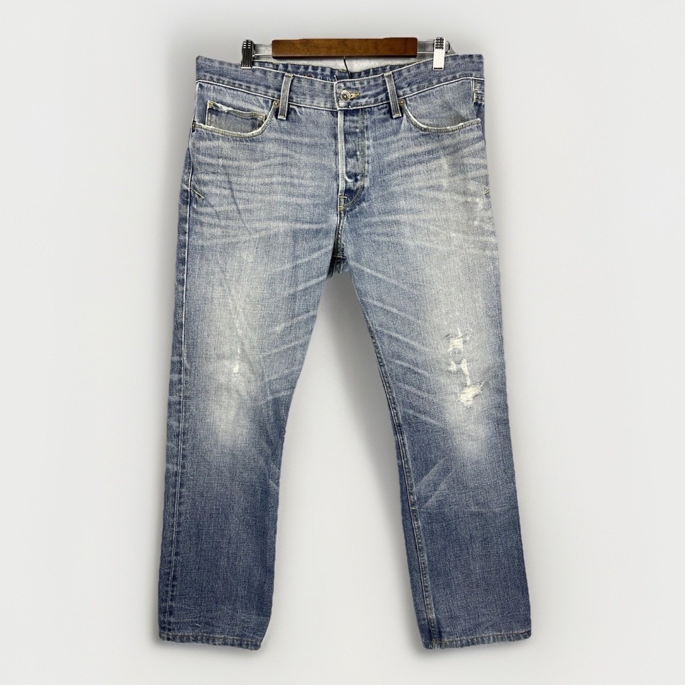 32 Bar blues Jeans Men Sz 35x32‎ (34) Distressed Made In USA Heavy Denim Vtg